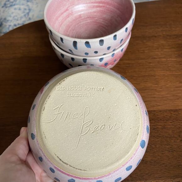 Old House Pottery Seagrove NC Fred Beane Pink and Blue Polka Dot Bowls (3) - Picture 3 of 6